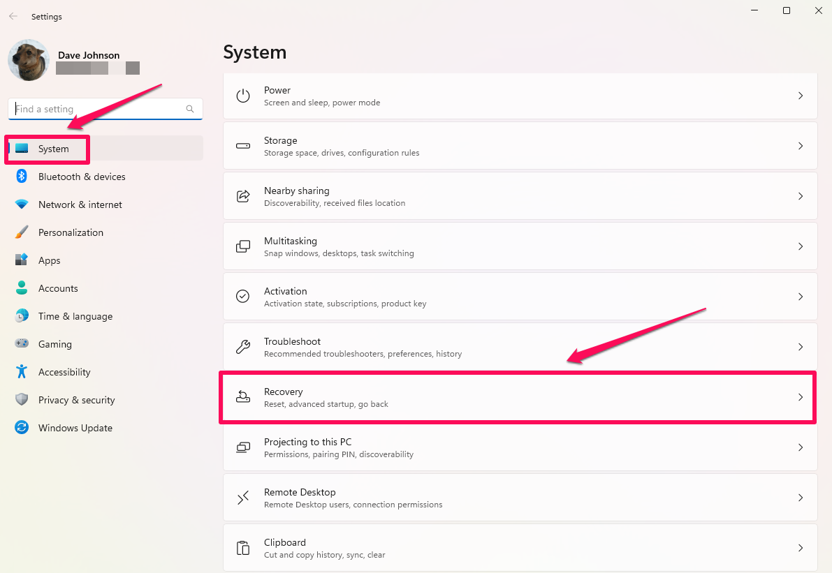 Starting the Recovery process in the System Settings for Windows 11.