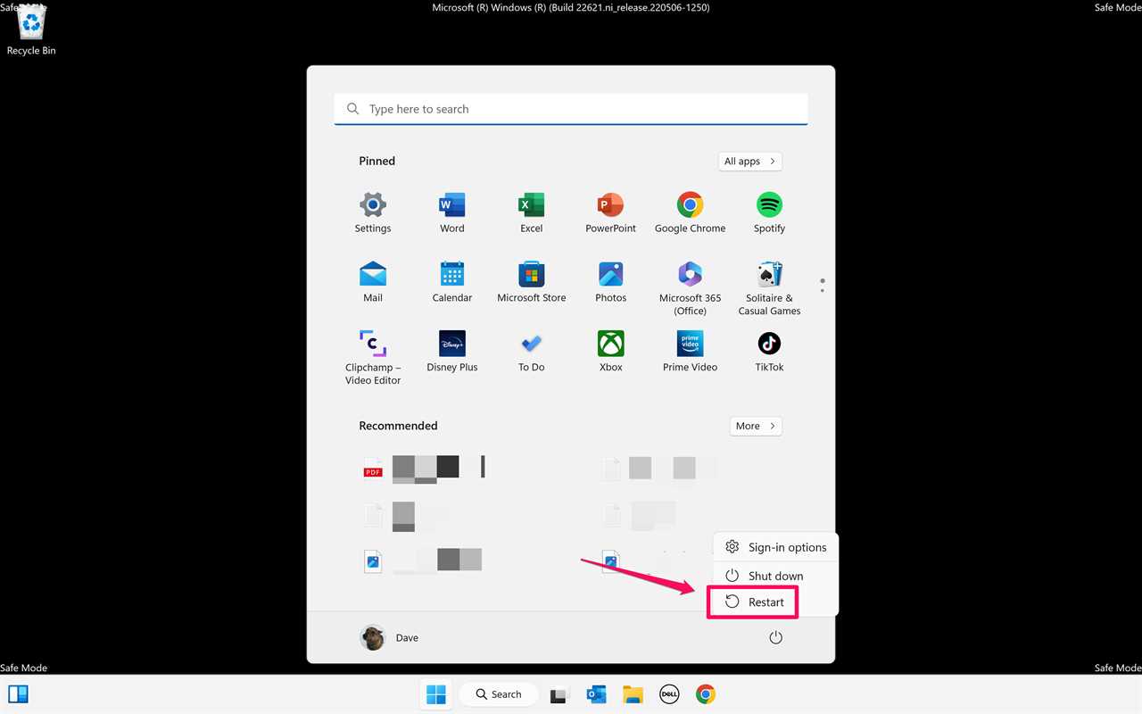 Restarting a Windows 11 PC while in Safe Mode.