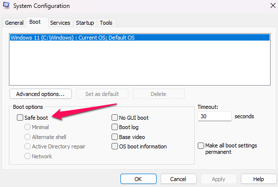 Checking the Safe Mode option in the msconfig Boot tab.