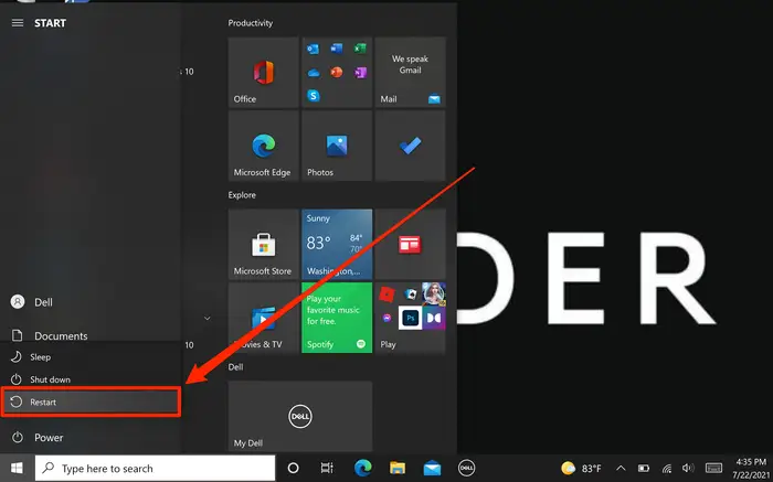 The Windows start menu highlighted.