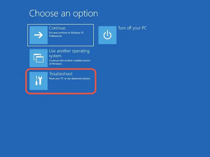 The Choose an Option screen with the Troubleshoot option highlighted in a hot pink box.