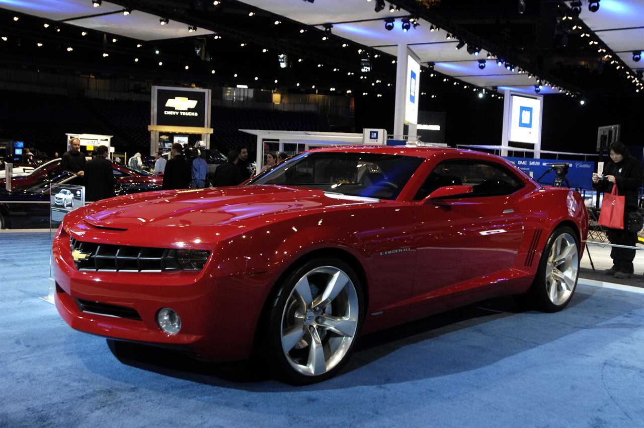 A red Chevy Camaro on the floor of an auto show