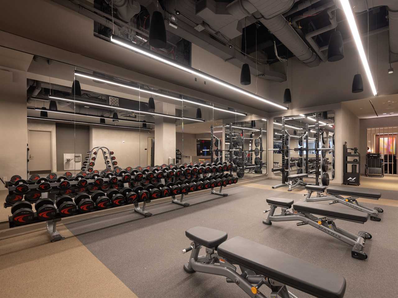 A wall of dumbbells and workout benches in a gym