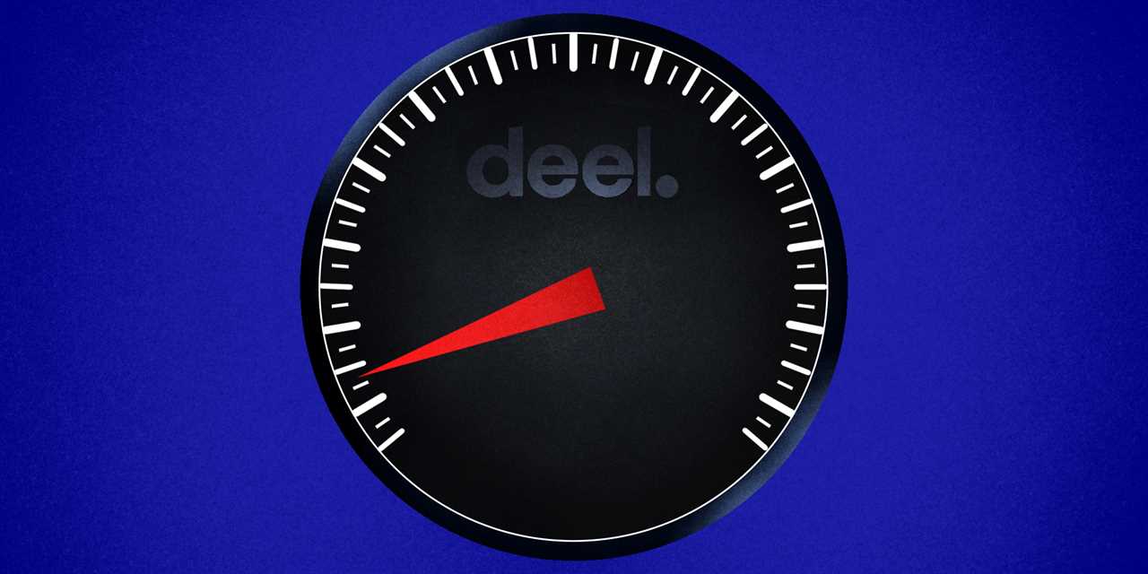 An illustration of a black speedometer with the Deel logo in the center. The needle on the speedometer is animated to move quickly to maximum, causing the speedometer to crack.