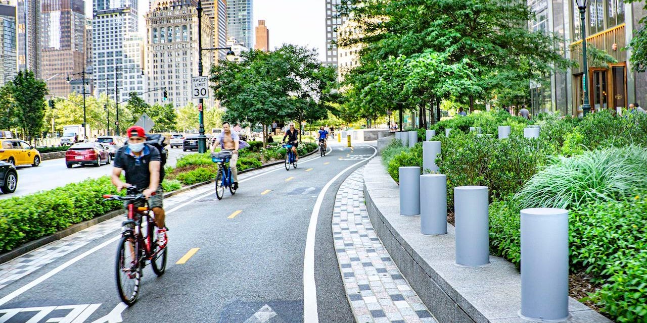 West Side Bicycle Lanes and Cityscape, New York City, New York