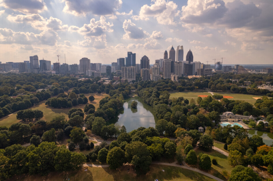 aerial view of Piedmont Park with Atlanta skyline