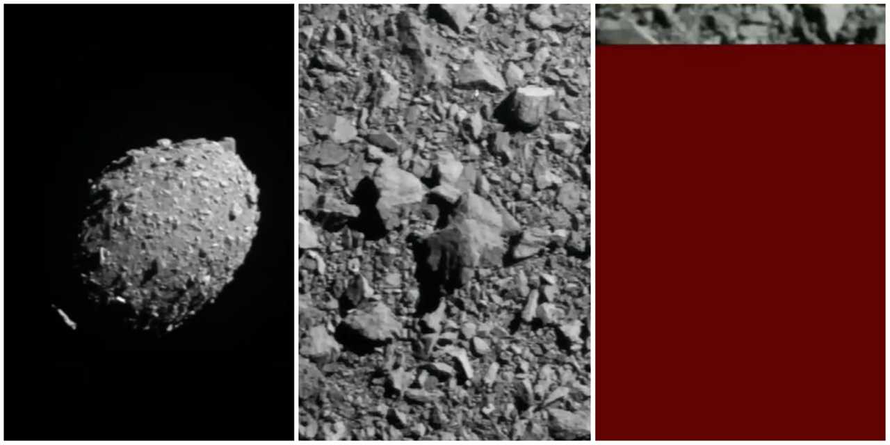 sequence of images showing asteroid from a distance then close up then video cutting out