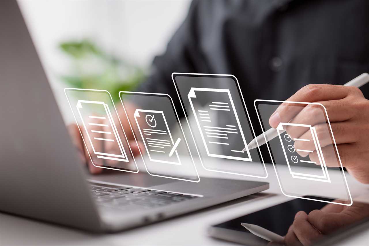 A person signs an electronic document on a digital document on a virtual notebook screen using a stylus pen.