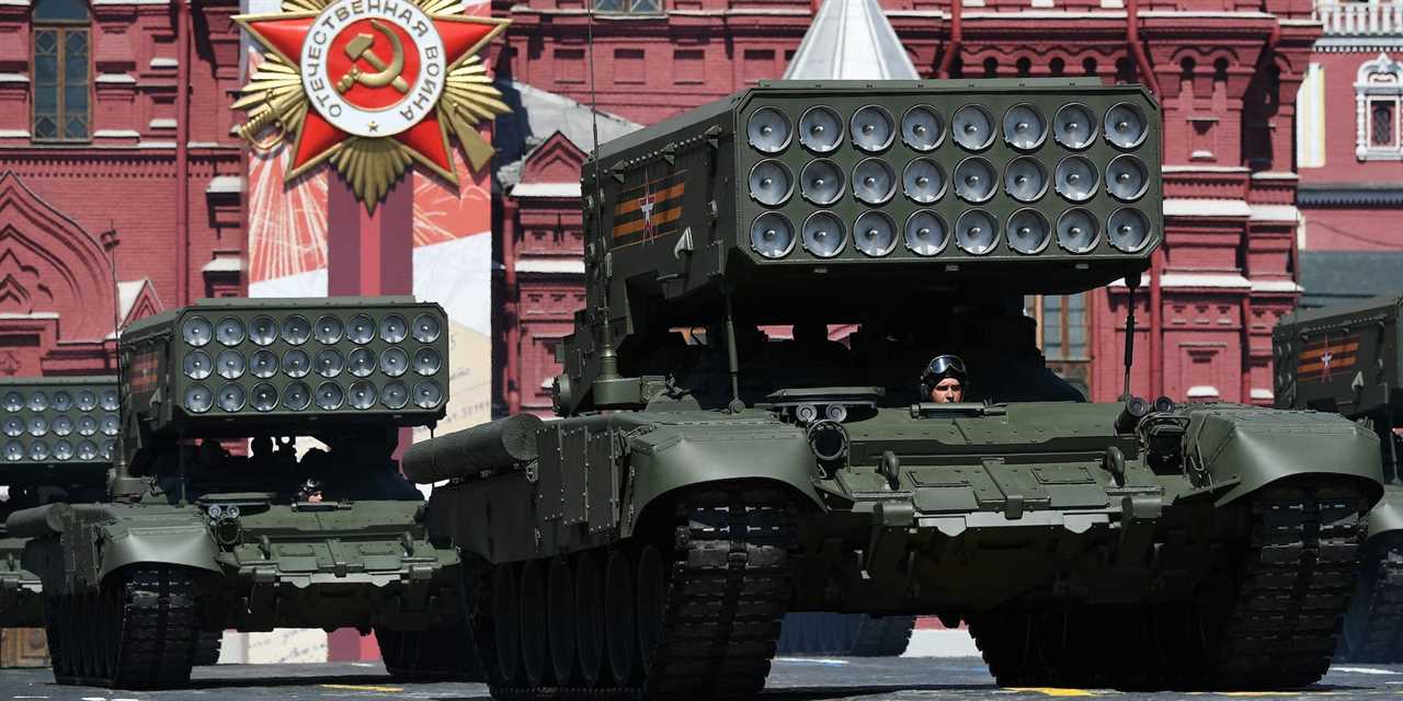 Russian TOS-1A multiple rocket launchers drive during the Victory Day Parade in Red Square in Moscow, Russia, June 24, 2020.