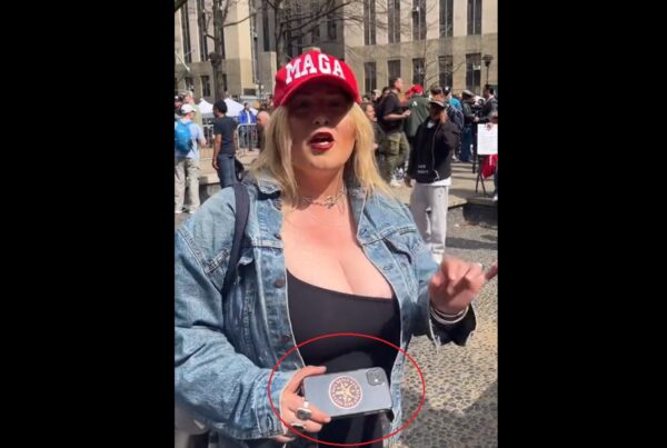 BUSTED: Alleged Trump Supporter Who Crumpled Up Massive Anti-Trump Sign Outside Manhattan Courthouse Was Carrying Phone with a Satan Sticker – Another Likely Leftist Plant (VIDEO)