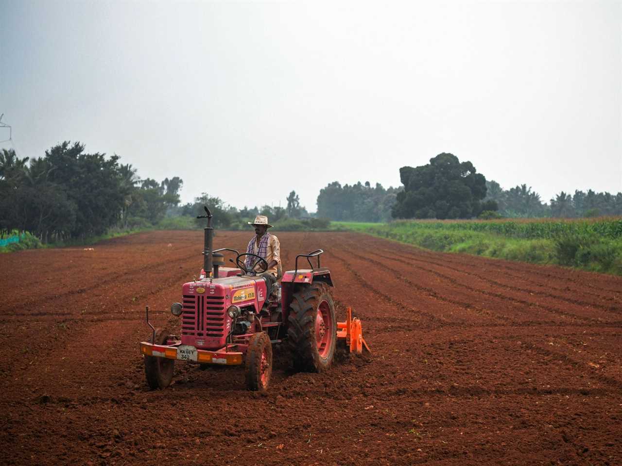 A farmer plows his field with a tractor in India in 2021.