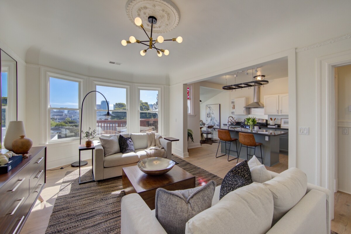 cozy living room with bay window