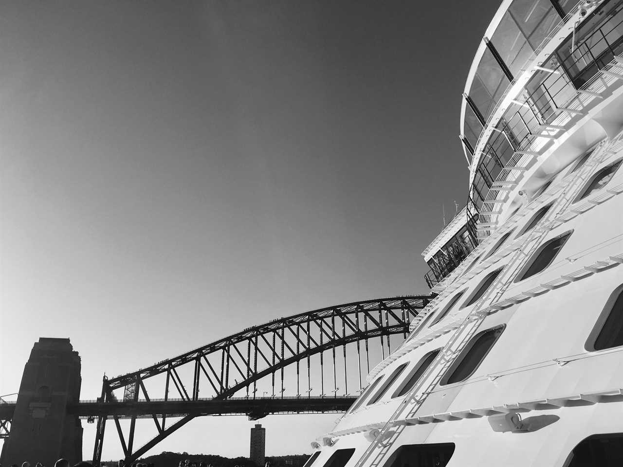 A cruise ship photographed in black and white.