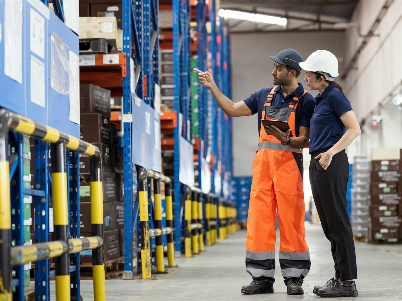 Foreman and manager having a discussion at the distribution warehouse.