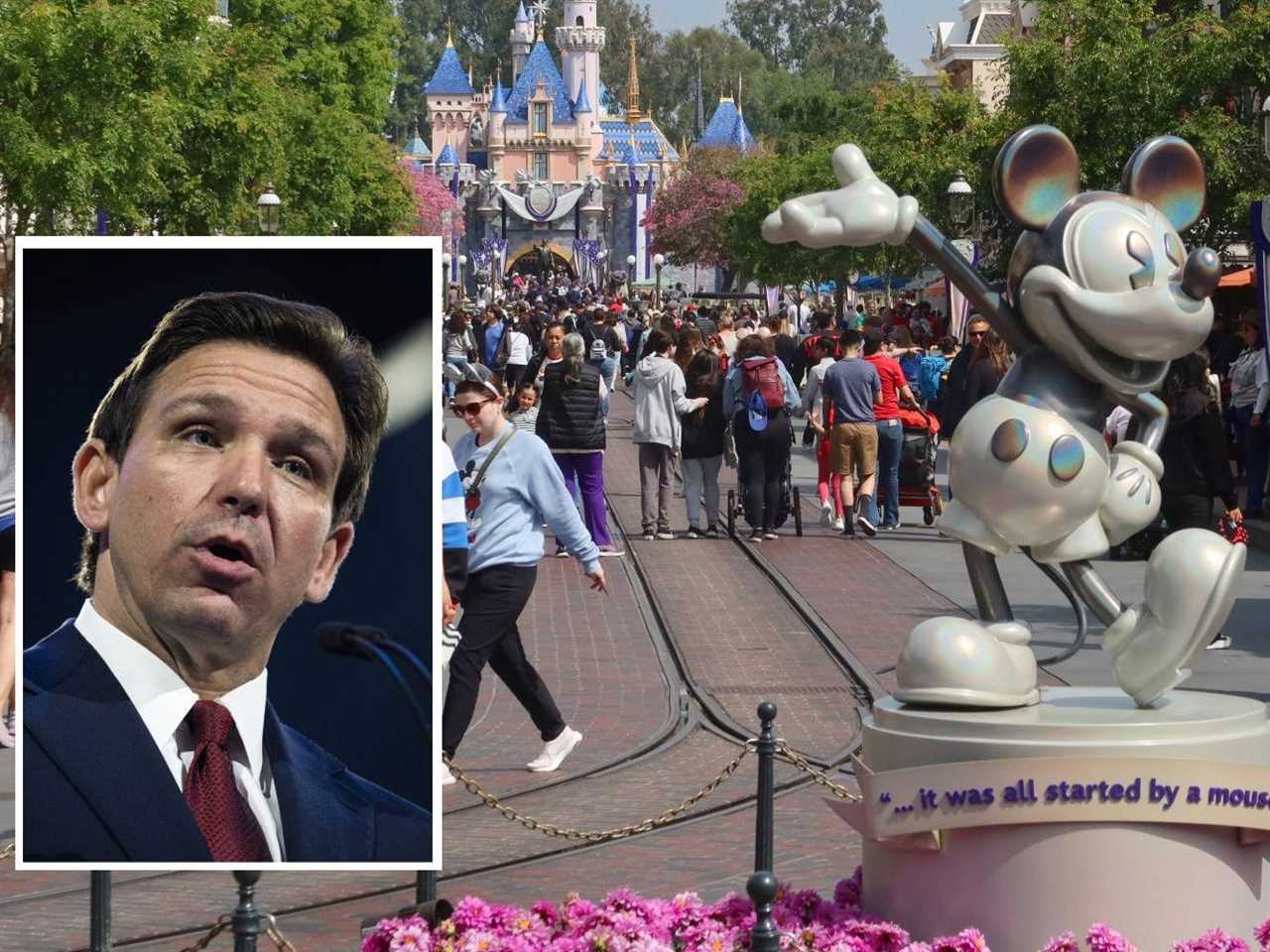 Ron DeSantis, left, and Disneyland in Anaheim, California, right