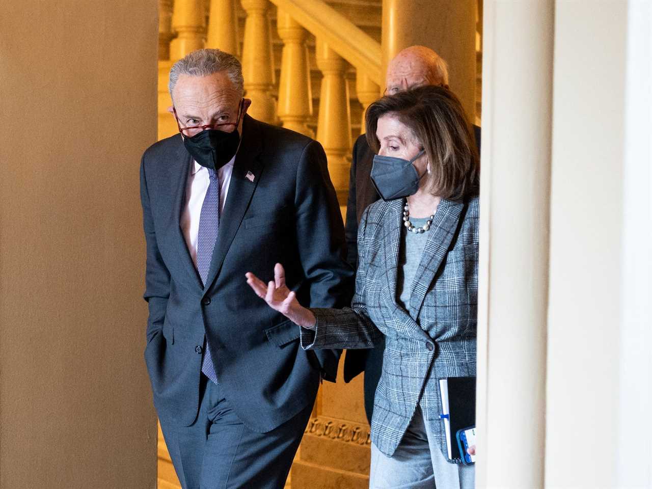 Senate Majority Leader Chuck Schumer of New York and House Speaker Nancy Pelosi of California at the US Capitol on February 1, 2022.