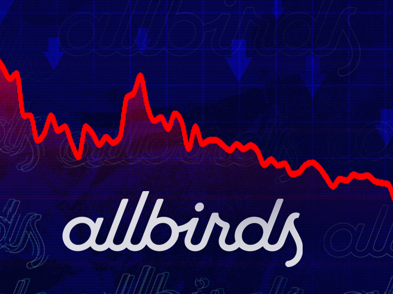 Collage featuring Allbirds's drop in stock price over the last six months and logo