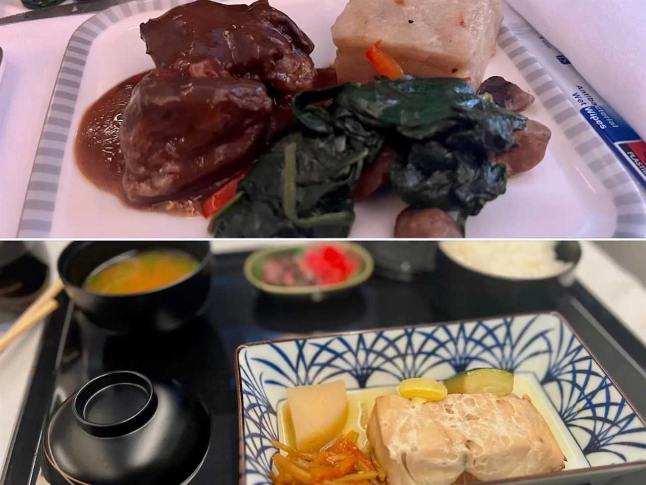 Photo collage: Singapore food (spinach, beef, and potatoes) on top | ANA food (fish and miso soup) on bottom.