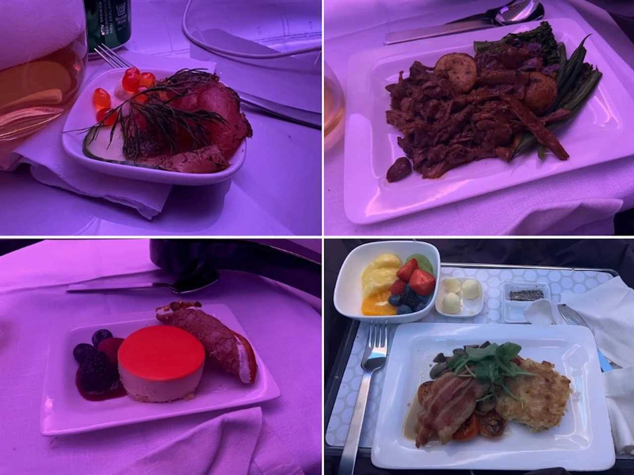 Photo collage of Air New Zealand's Boeing 787 business class food from NY to Auckland: Caviar in top left | lamb and potatoes in top right | cannoli, fruit, and pastry in bottom left | potatoes and bacon in bottom right