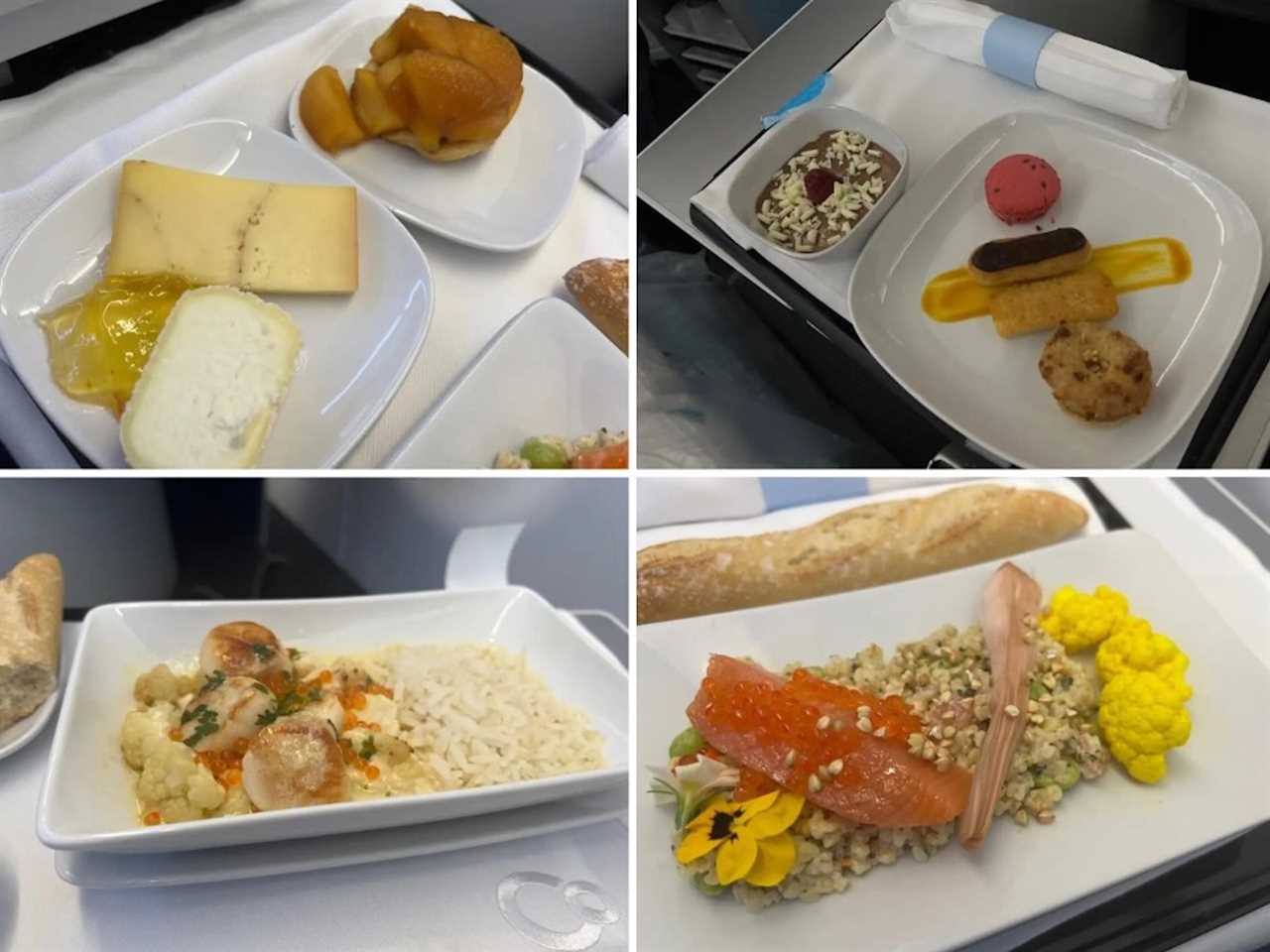 Photo collage of La Compagnie's meals: Cheese and pastry (top left) | pastries and pudding (top right) | scallop and rice dish (bottom left) | salmon salad (bottom right).