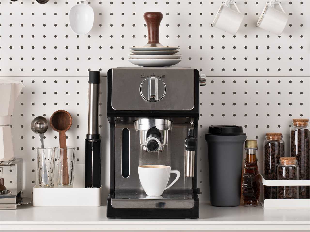 Coffee station with other kitchen equipment on pegboard