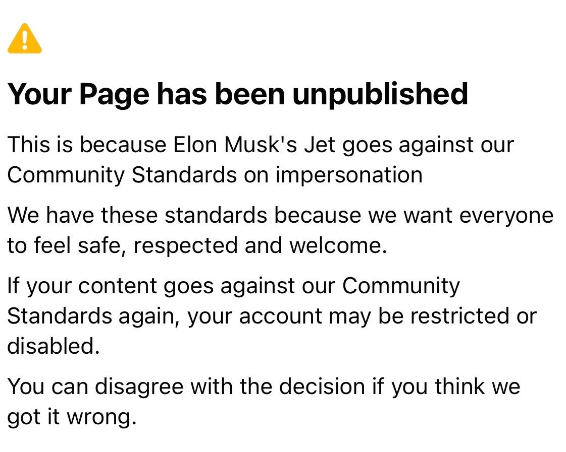 A screenshot of the Elon Musk's jet Facebook page with a notice saying it had been unpublished for impersonation.