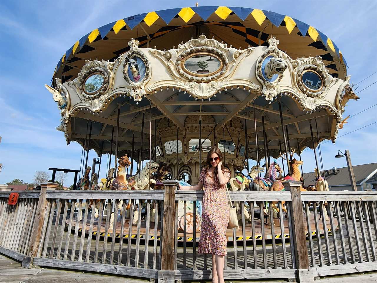 woman standing next to a carousel