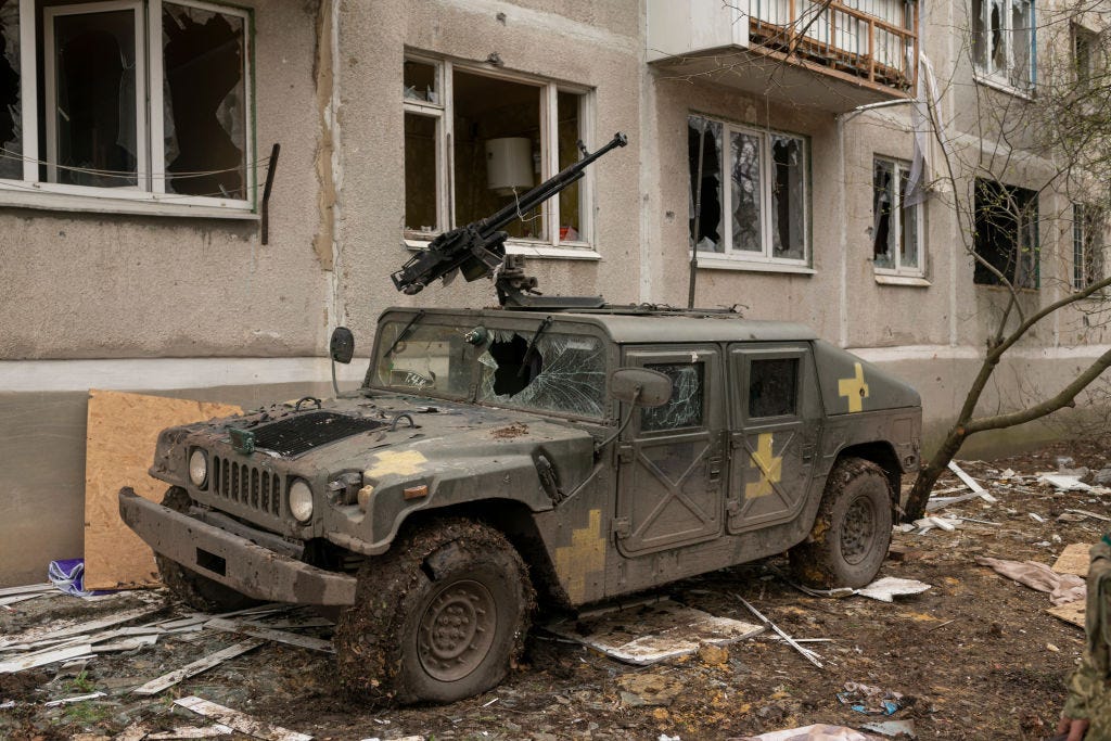 A military land vehicle lies wrecked by a shelling on April 12, 2023 in Bakhmut, Ukraine