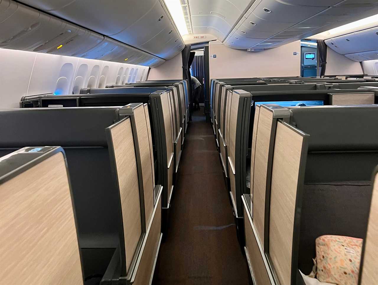 A view down the aisle of the ANA "The Room" business class.