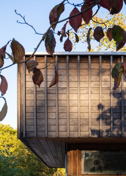 Goorevich transformed the home's floating hat roof by replacing its aged shingles and soffits with Kebony wood.