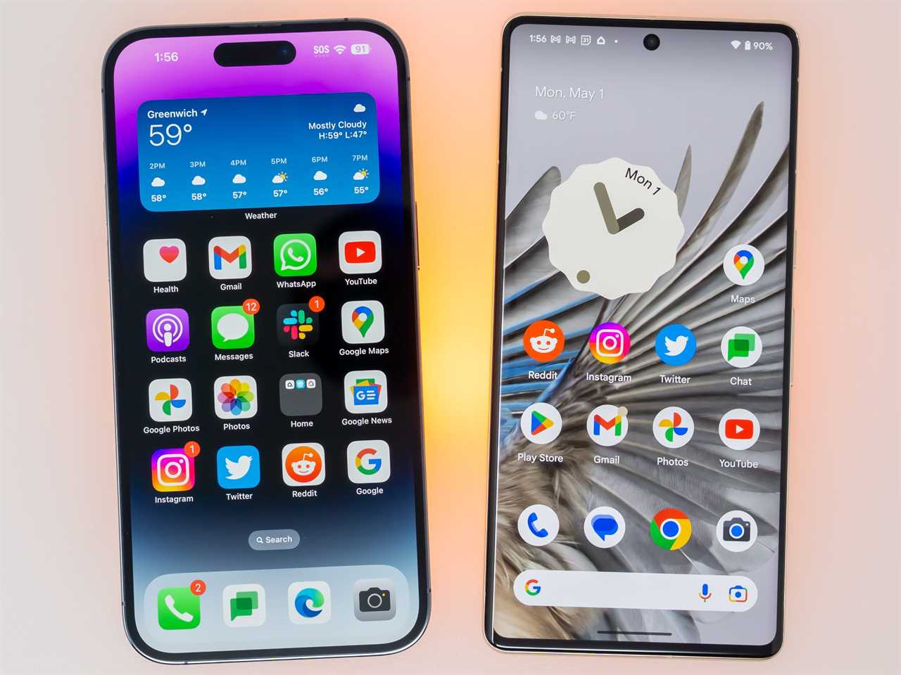 The home screens of the iPhone 14 Pro Max and Pixel 7 Pro showing app icons and widgets.