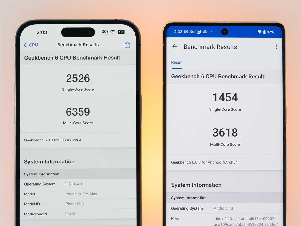 Benchmark scores for the iPhone 14 Pro Max compared to the Pixel 7 Pro using the Geekbench 6 app.