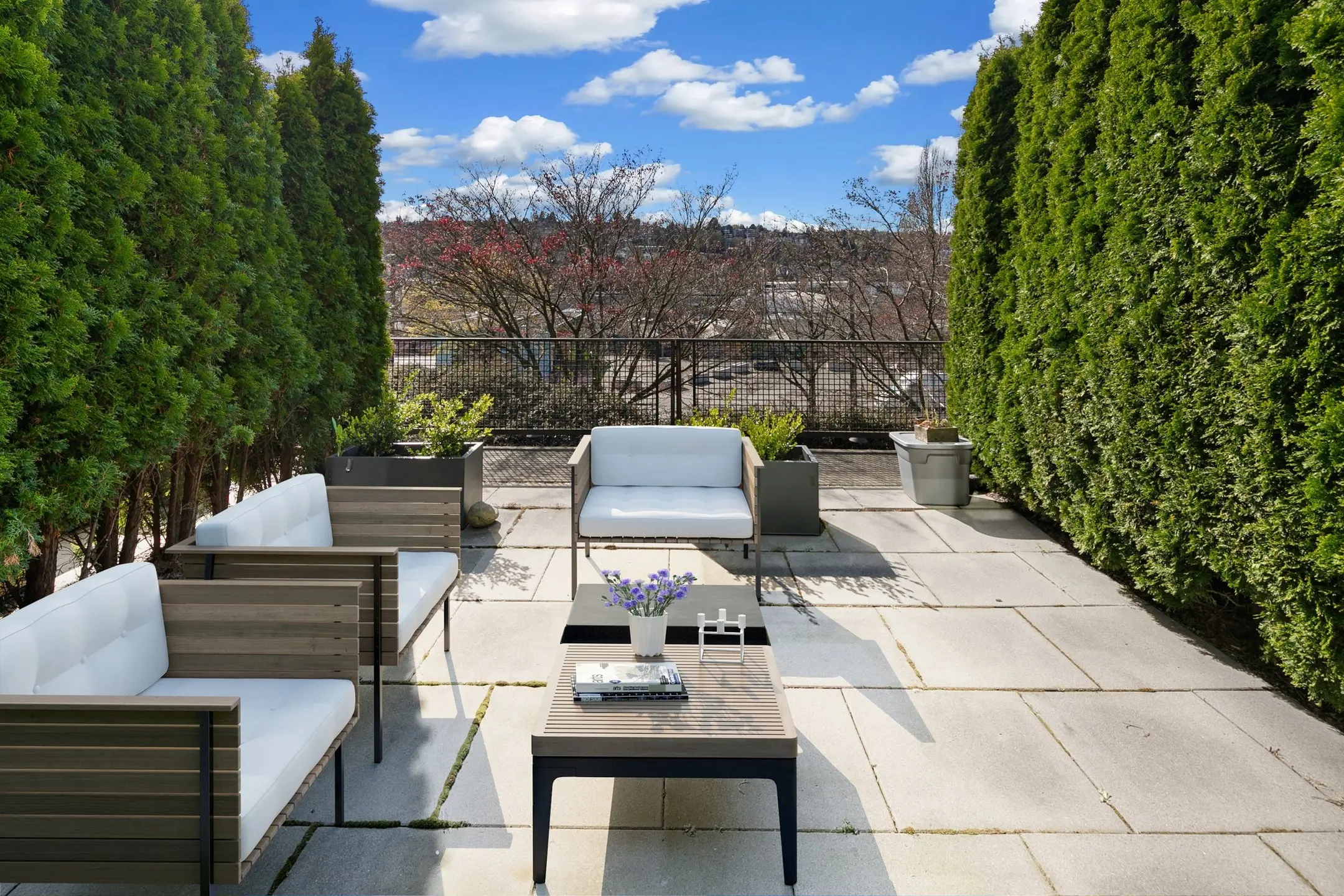 patio with tall privacy trees