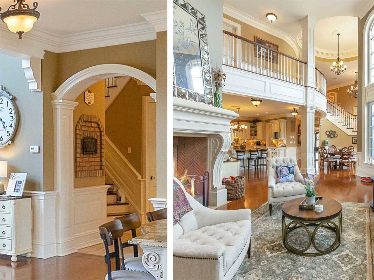 Left: a hallway with a pizza oven in the wall. Right a double-height living room with a view into a kitchen.