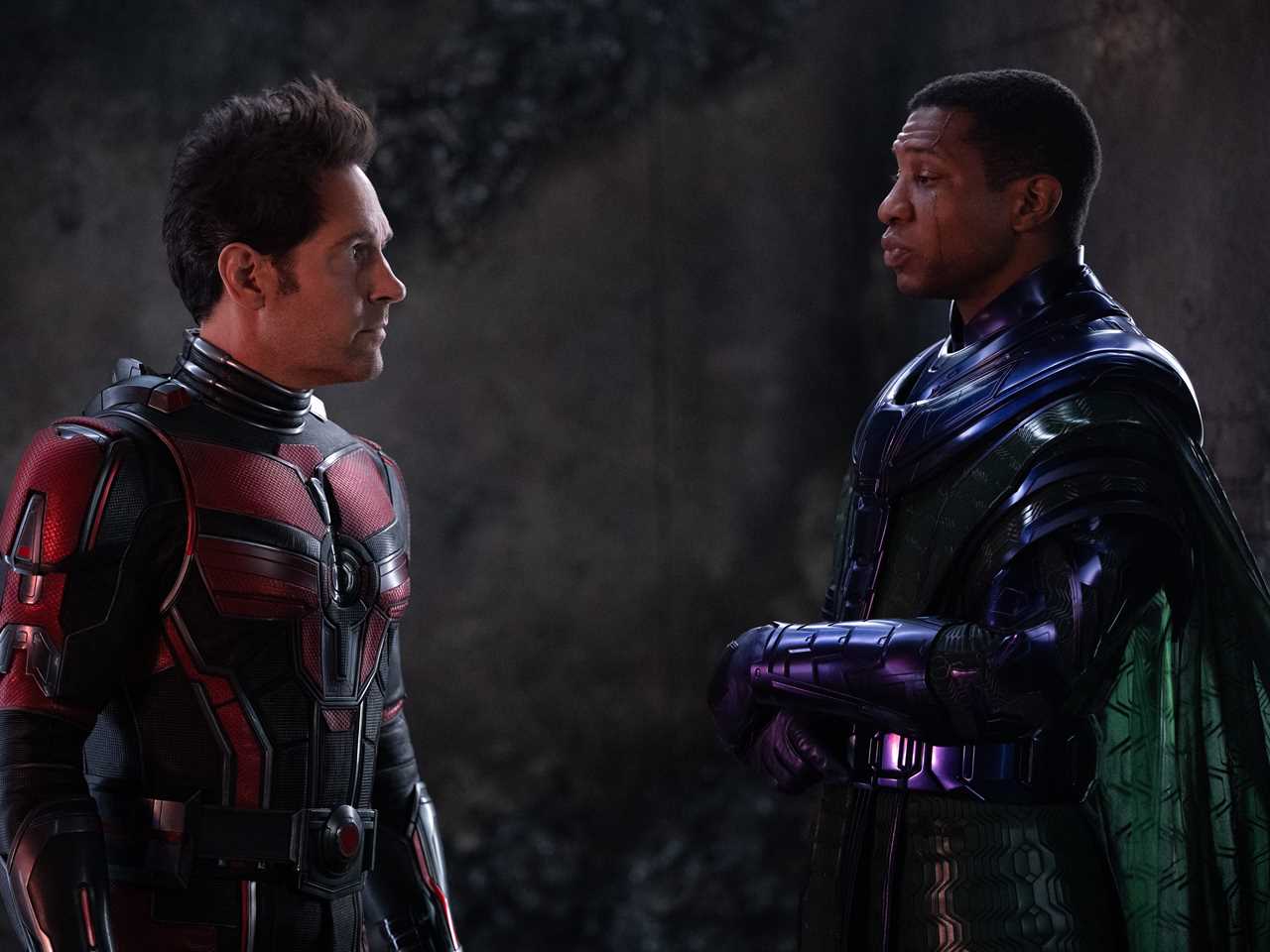 Paul Rudd as Scott Lang/Ant-Man and Jonathan Majors as Kang the Conqueror in "Ant-Man and the Wasp: Quantumania."