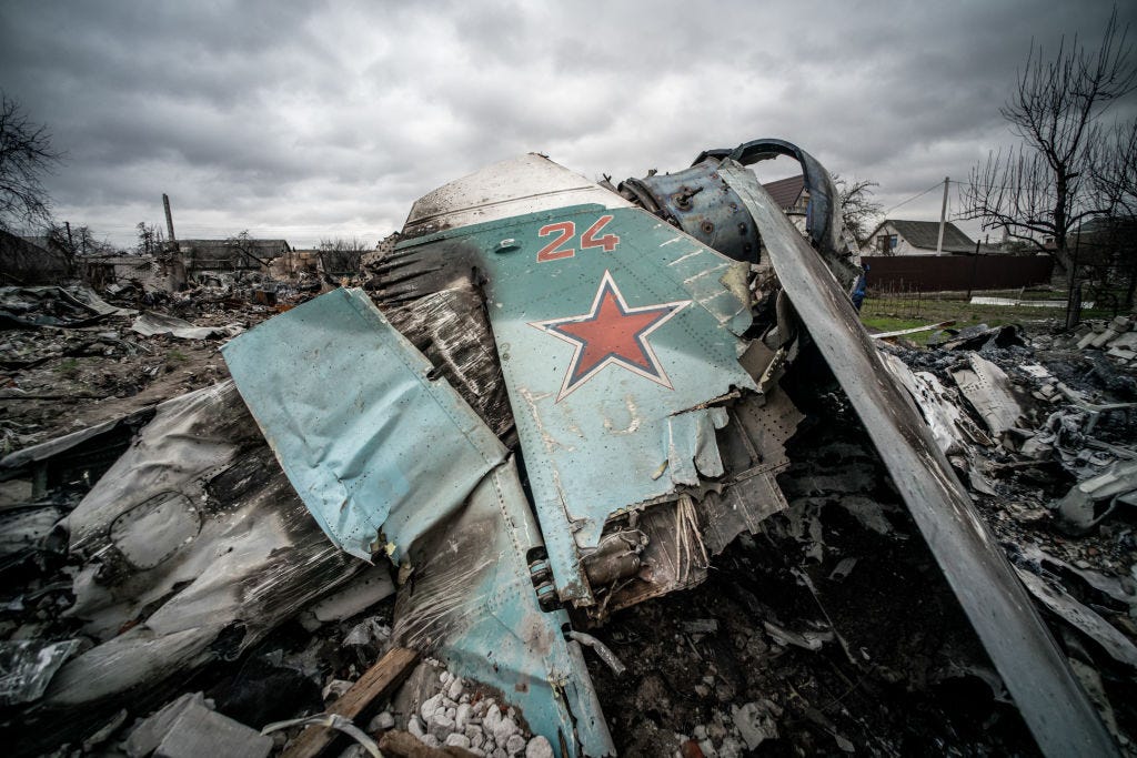 A Russian Sukhoi Su-34 shot down by Ukrainian anti-aircraft guns