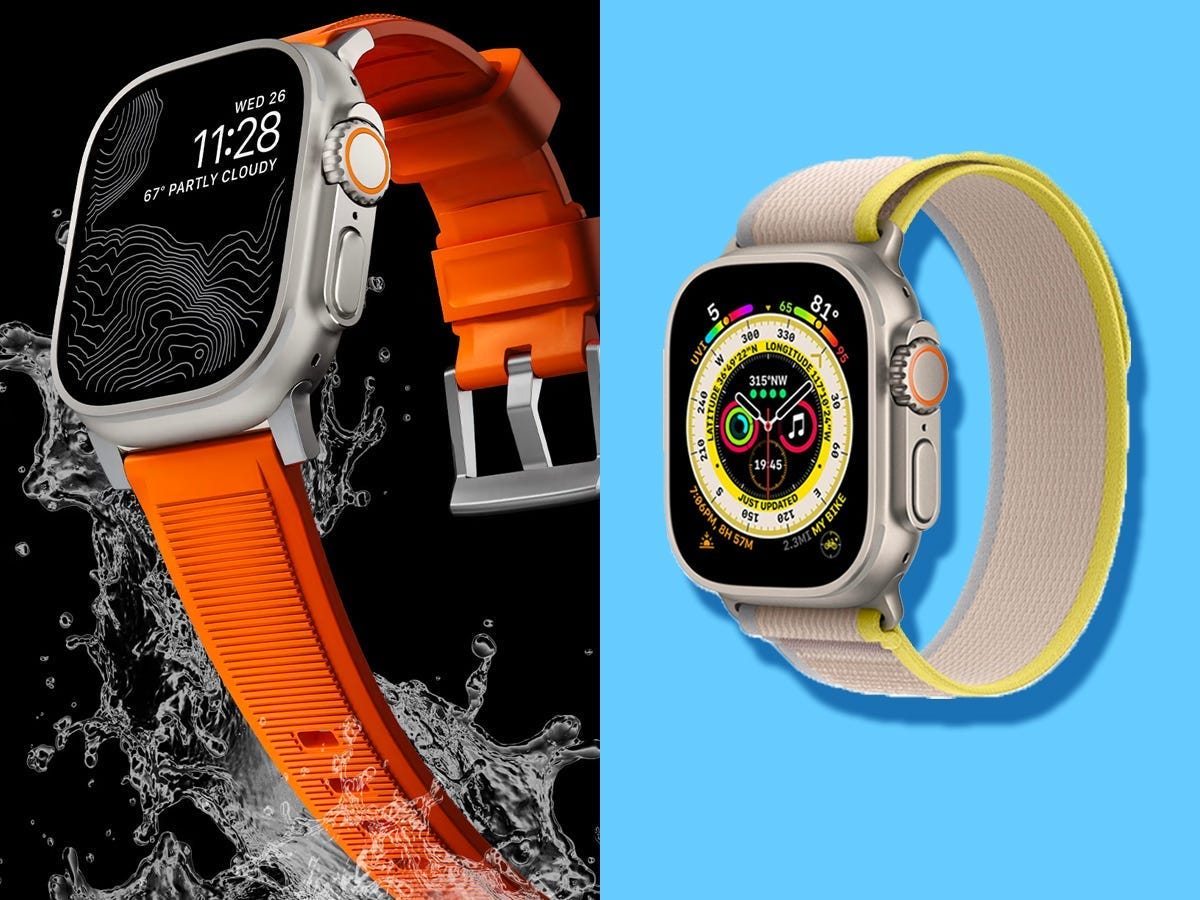 Side by side images of an orange Nomad Rugged Apple Watch band surrounded by water droplets and a yellow and beige Apple Trail Loop watch band.