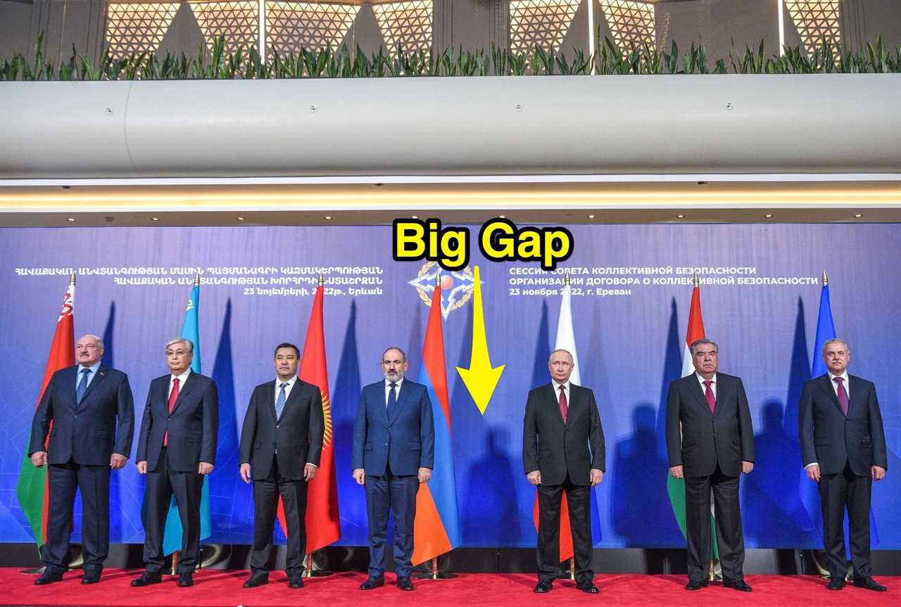 Armenia's prime minister and Russia's president among other Collective Security Treaty Organization (CSTO) leaders in Yerevan, Armenia, on November 23, 2022.