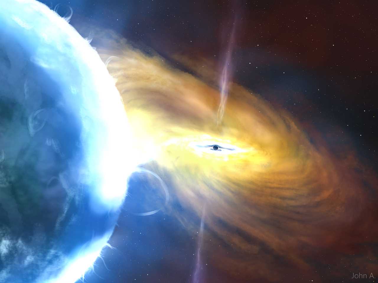 An artist's impression of a black hole shining from absorbing a cloud of dust.