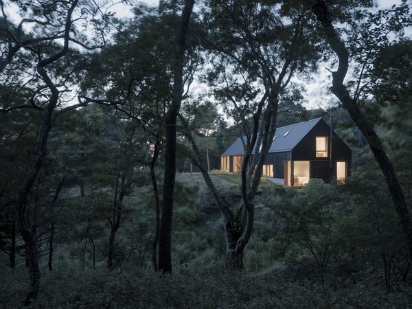 Lake|Flato designed a weekend home on North Fork, Long Island, that references the rustic agricultural structures dotting the region. Western red cedar siding stained black makes the home’s three structures recede into the setting.