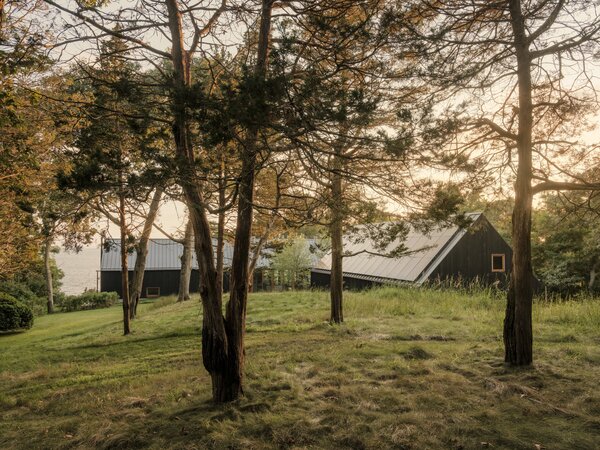 The home consists of a collection of three structures and a swimming pool, all arranged in a semi-circle and deferring to the forested, waterfront site.