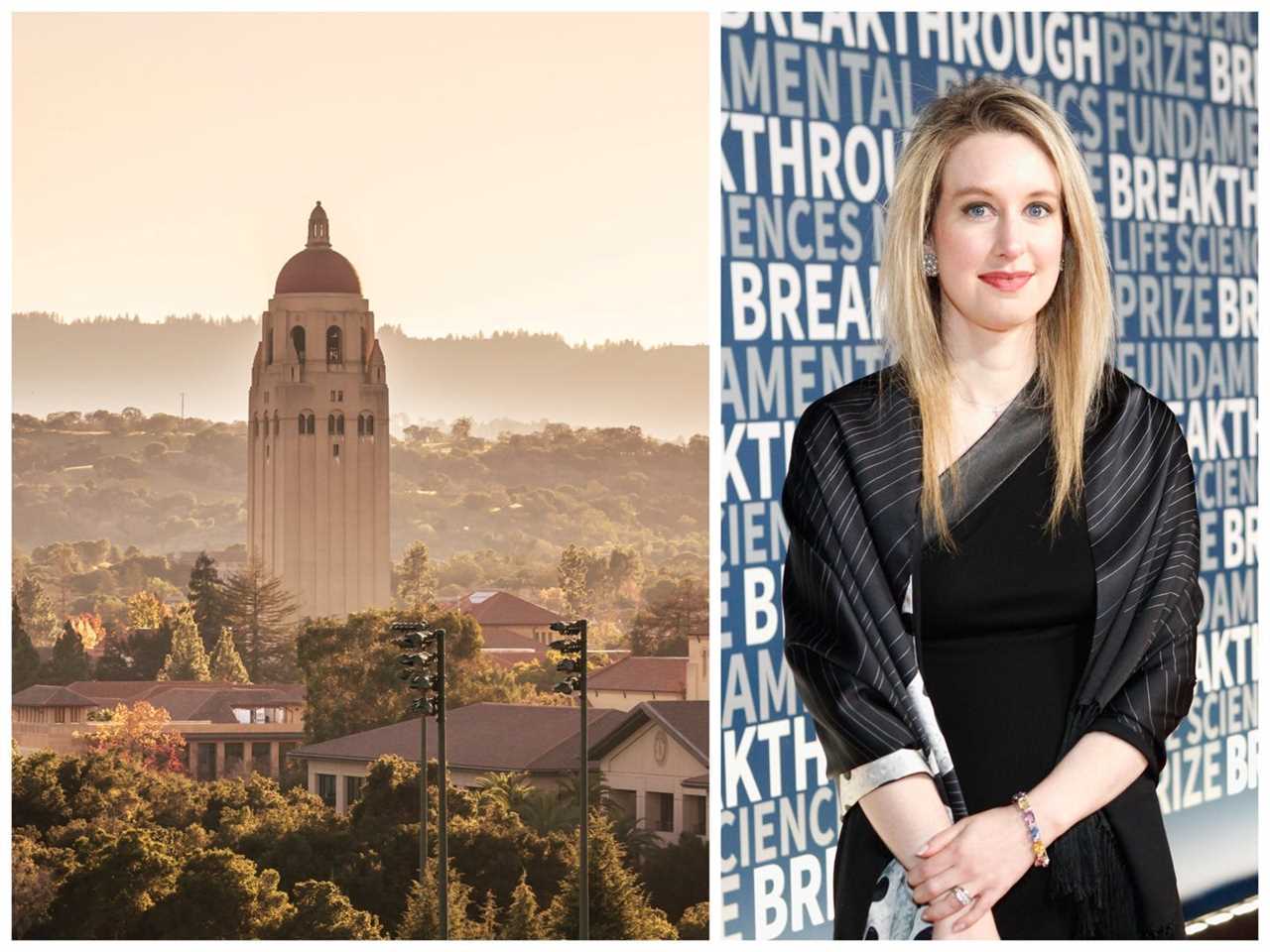 Collage of Stanford Campus and Elizabeth Holmes.