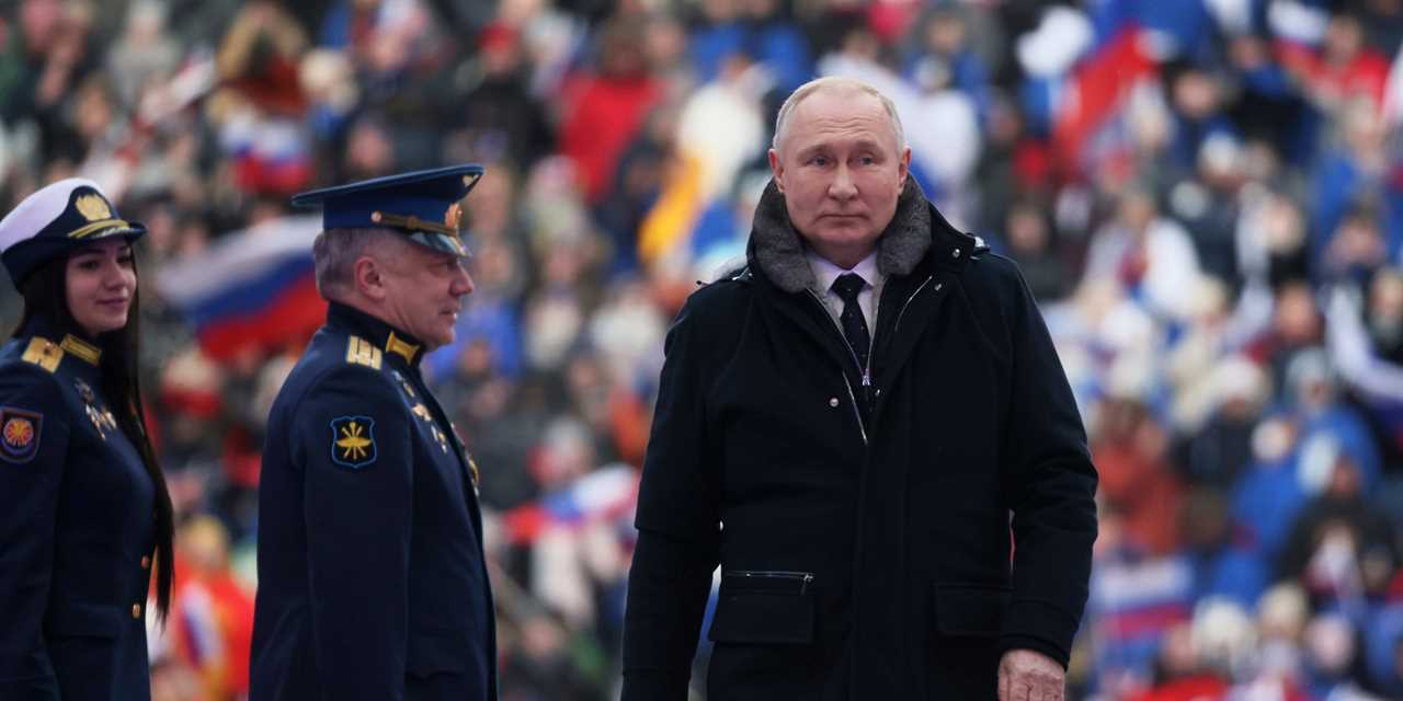 Russian President Vladimir Putin arrives at the rally at Luzhniki Stadium in Moscow, Russia, on February 22, 2023.