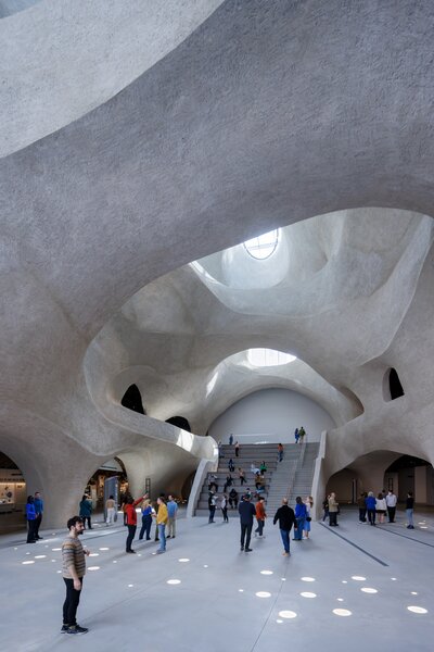 Visitors enter the Gilder Center through the Kenneth C. Griffin Exploration Atrium, a sunlit central space with undulating, cave-like walls and overhead bridges.