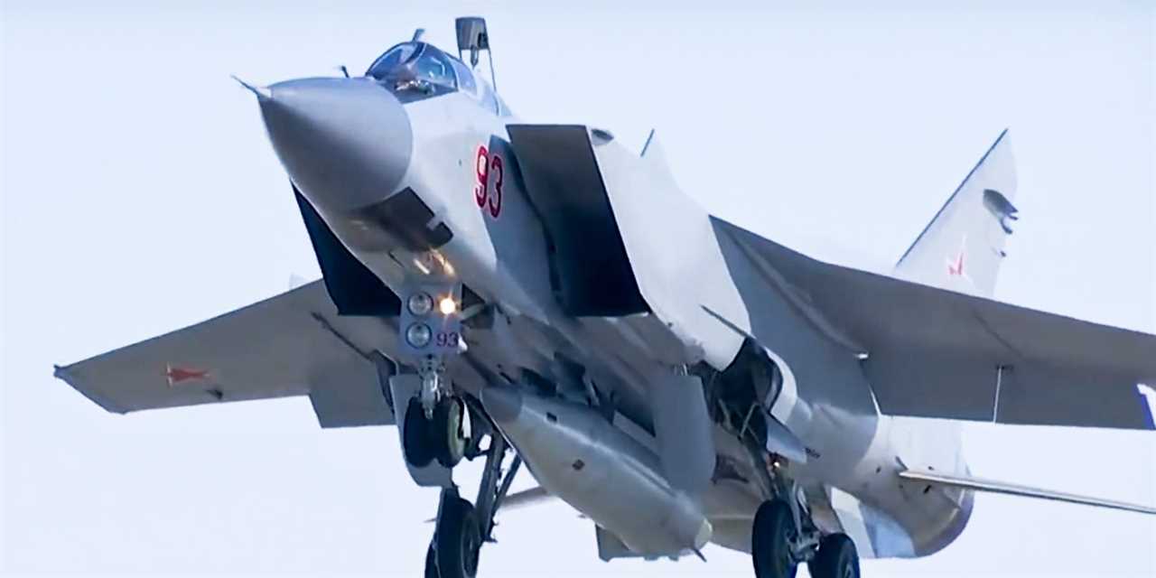 In this photo made from the footage taken from Russian Defense Ministry official web site on Sunday, March 11, 2018, a MiG-31 fighter jet of the Russian air force carrying the new Kinzhal hypersonic missile takes off from an air base in southern Russia.