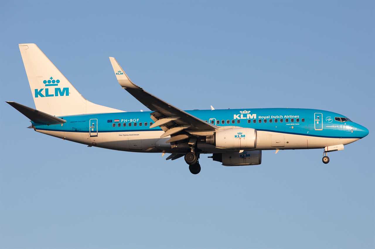 A KLM-Royal Dutch Airlines aircraft painted white and light blue.