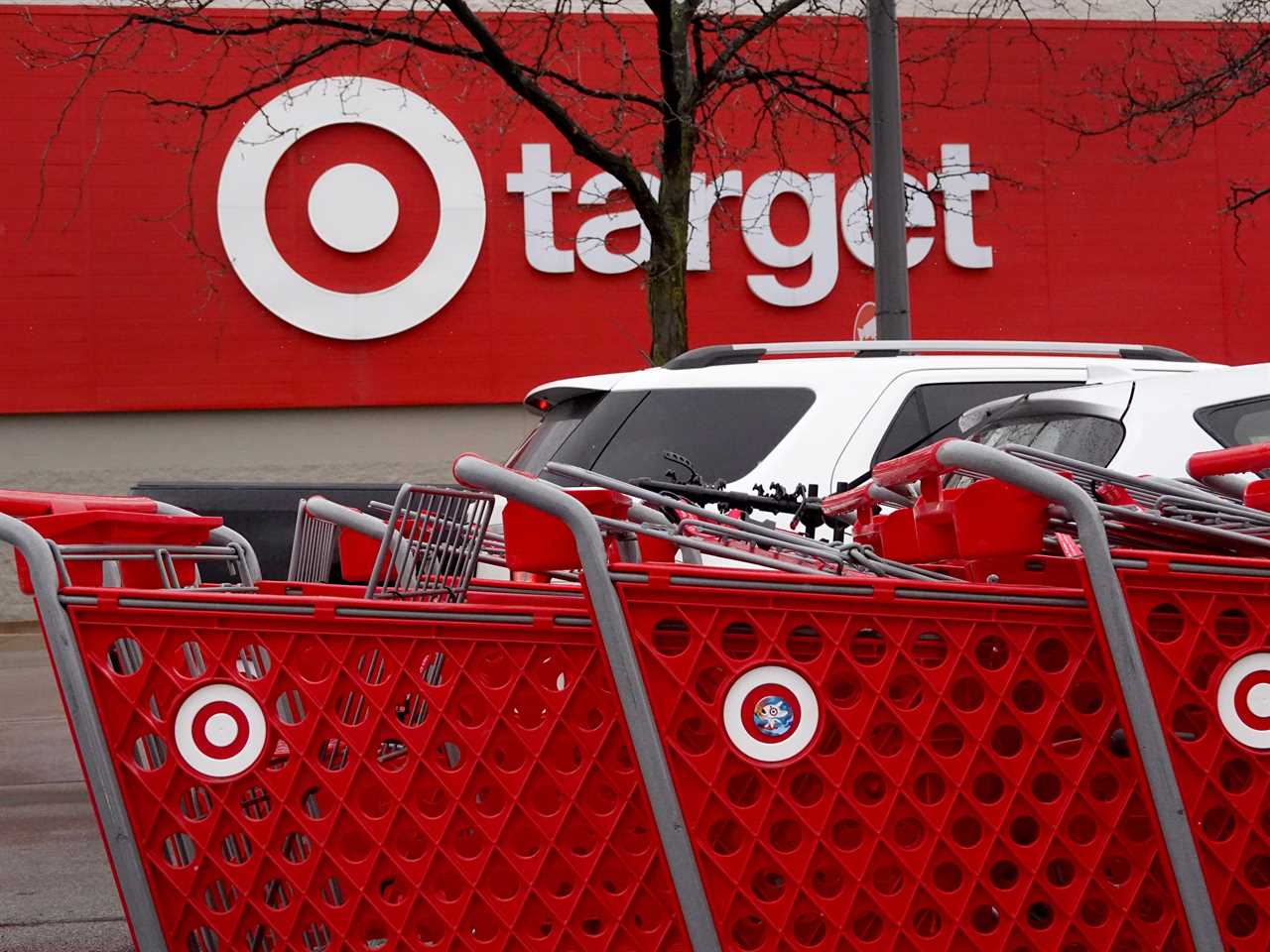 Shopping carts are lined up outside of a Target store on November 16, 2022 in Chicago, Illinois.