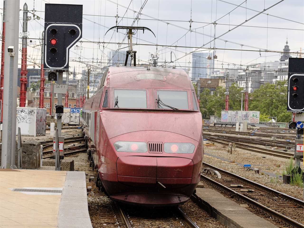 A Thalys train pulling into a station.