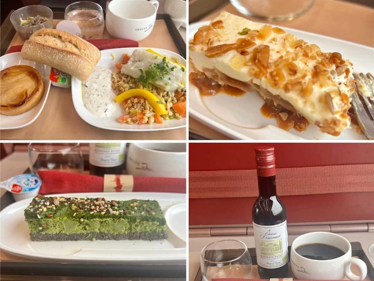 Examples of food and drinks served in first class: salmon and rice (top left), waffle pastry with caramel (top right), green broccoli mousse (bottom left), and wine and coffee (bottom right).