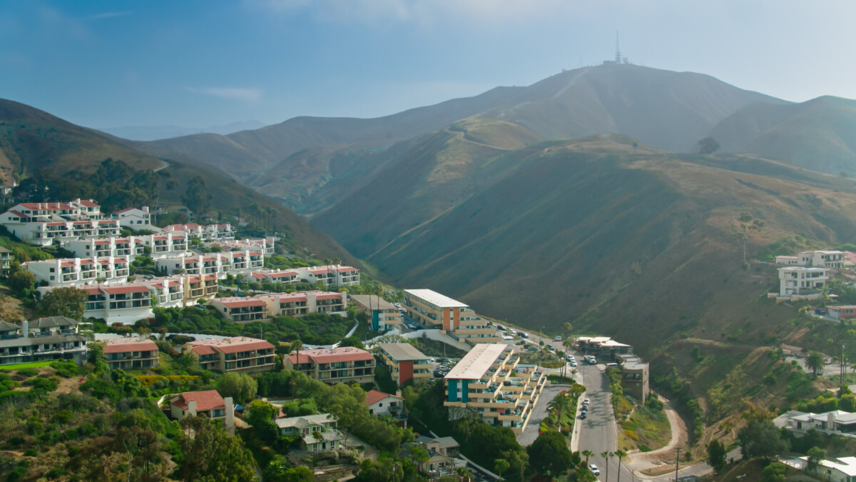 Apartment Buildings in Ventura Hills on Foggy Morning - Aerial